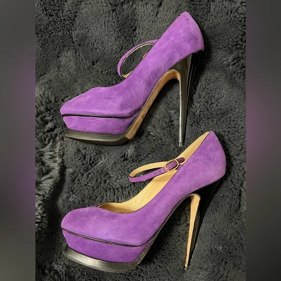 Kid Scamosciato Tribute 105 Platform Mary Jane Peep Toe Pumps 36 Viola - Picture 3 of 11